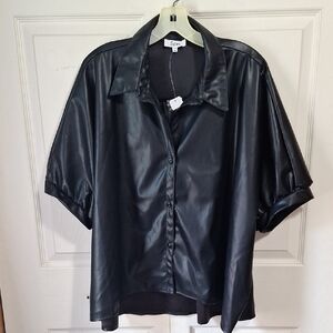 Spin USA Black Faux Leather Button-Up Shirt Puffy Sleeves-M